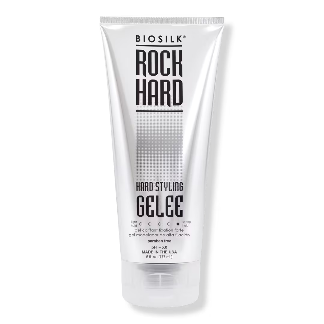 BioSilk Rock Hard Styling Gelee 6oz in a silver squeeze bottle has black script at the top "BioSilk Rock Hard" and below "Hard Stylng Gelee"