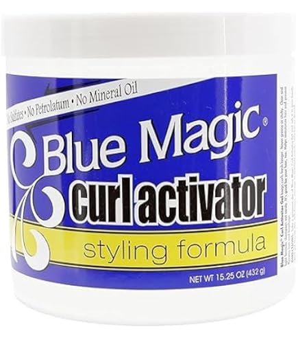 Blue Magic Curl Activator Styling Formula in a clear jar with clear gel product and blue label