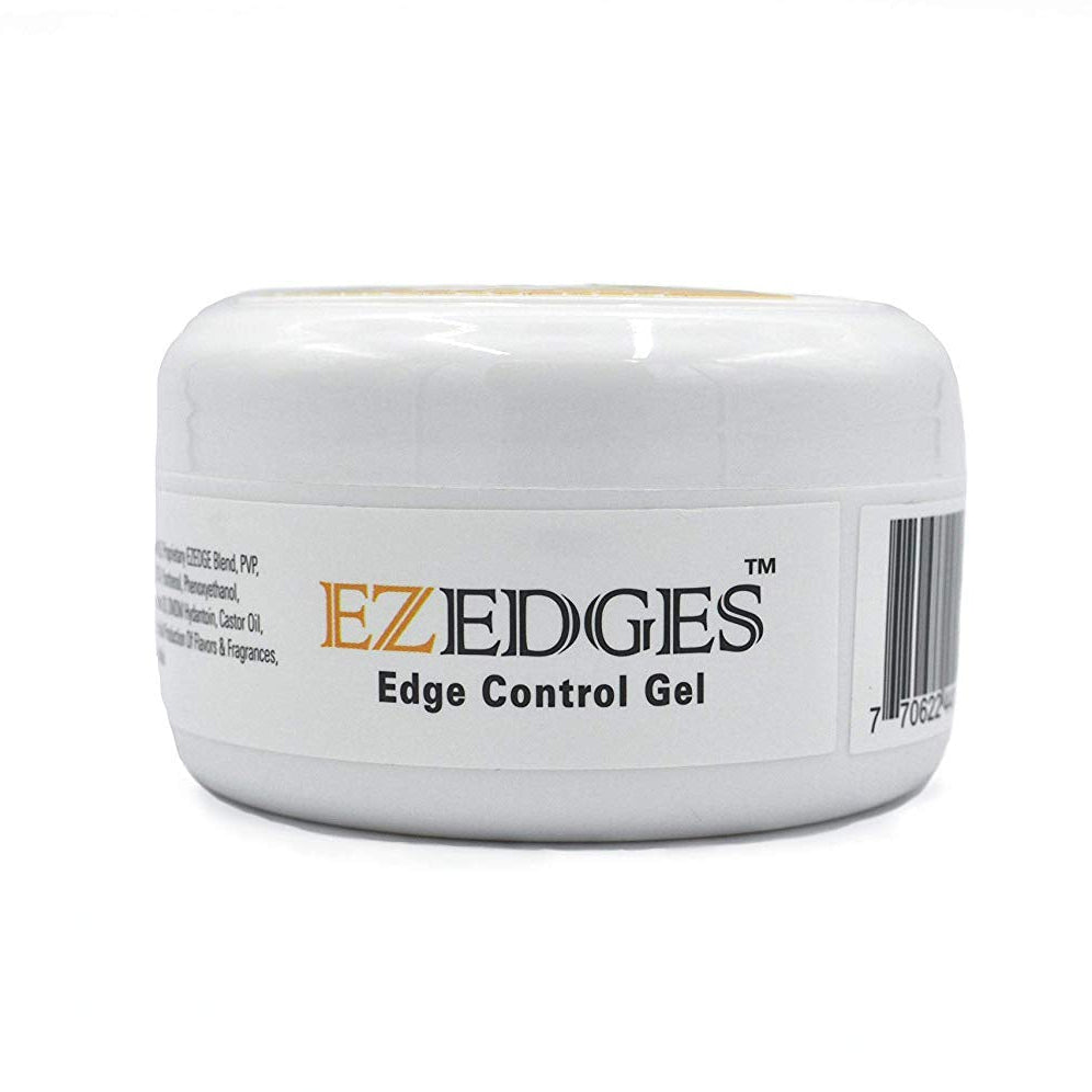 EzEdges Edge Control Gel 5.3oz in a white jar with yellow labels and orange and black font