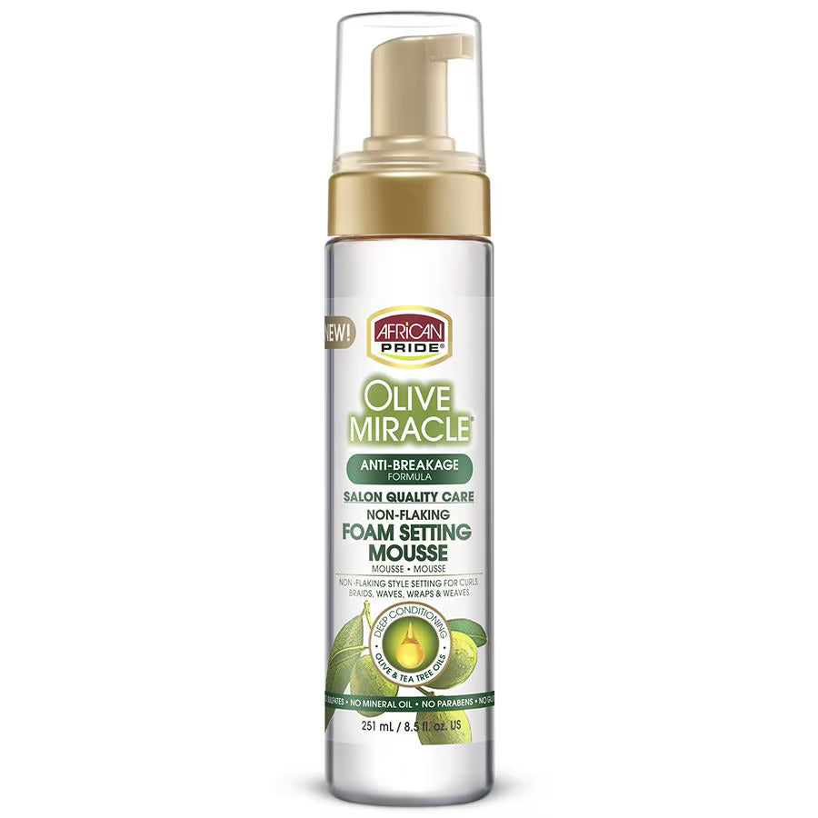 African Pride Olive Miracle Foam Setting Mousse 8.5oz in a clear foaming pump bottle with a green label and bold African Pride Olive Miracle text at the top.