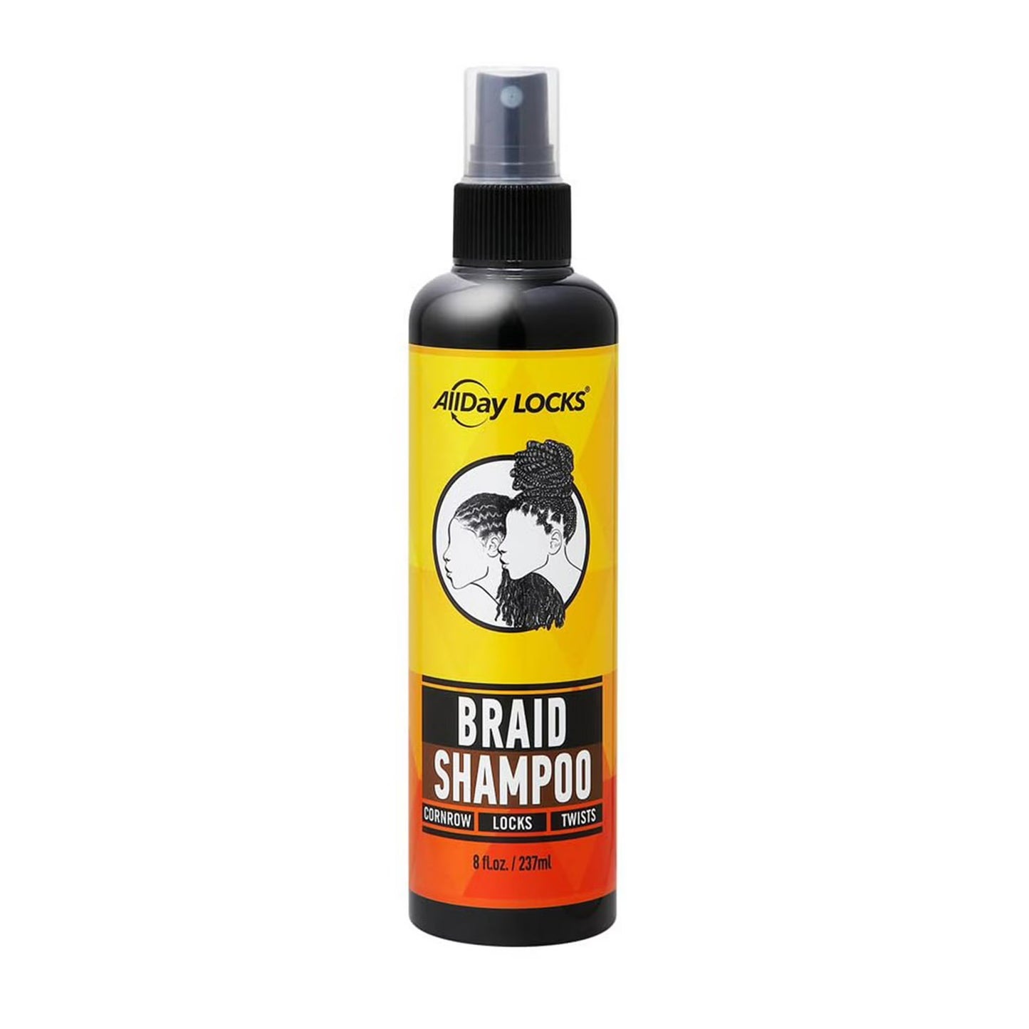 AllDay Locks Braid Shampoo 8oz in a black spray bottle with yellow, orange and white label.