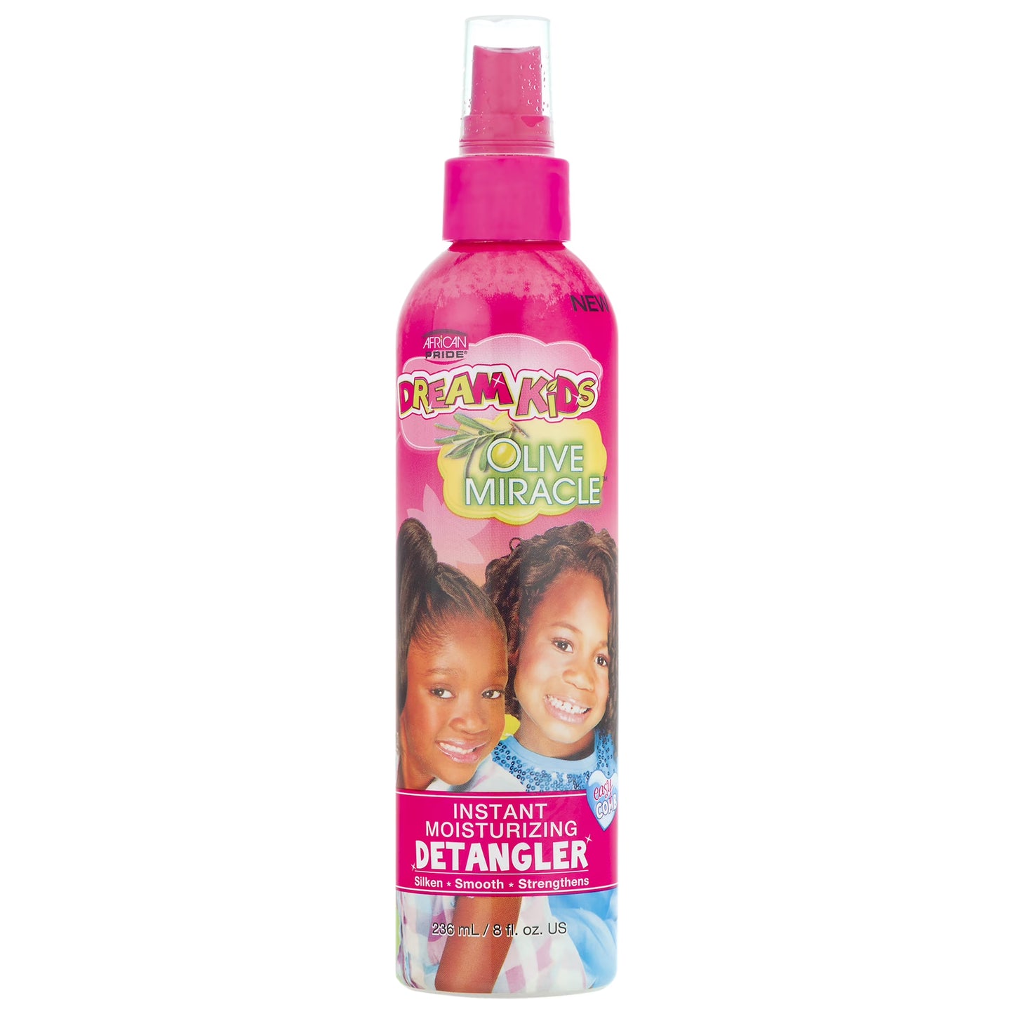 African Pride Dream Kids Instant Moisturizing Detangler 8oz in a pink spray bottle and bold Dream Kids text at the top.