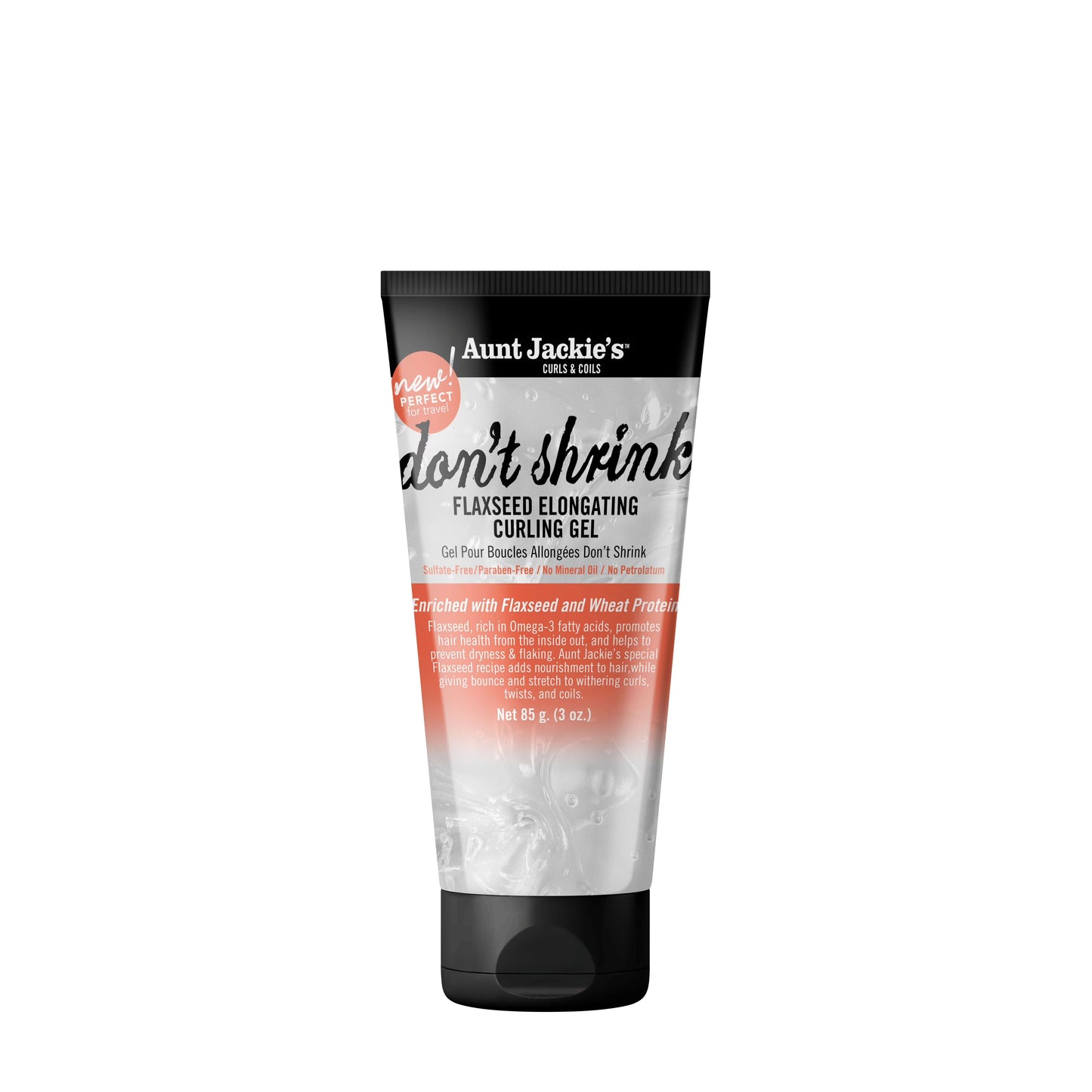 A tube of Aunt Jackie’s Don't Shrink 3oz standing upright against a plain white background, featuring orange and black packaging with the product name “Don't Shrink" in large script and “Flaxseed Elongating Curling Gel” below it.