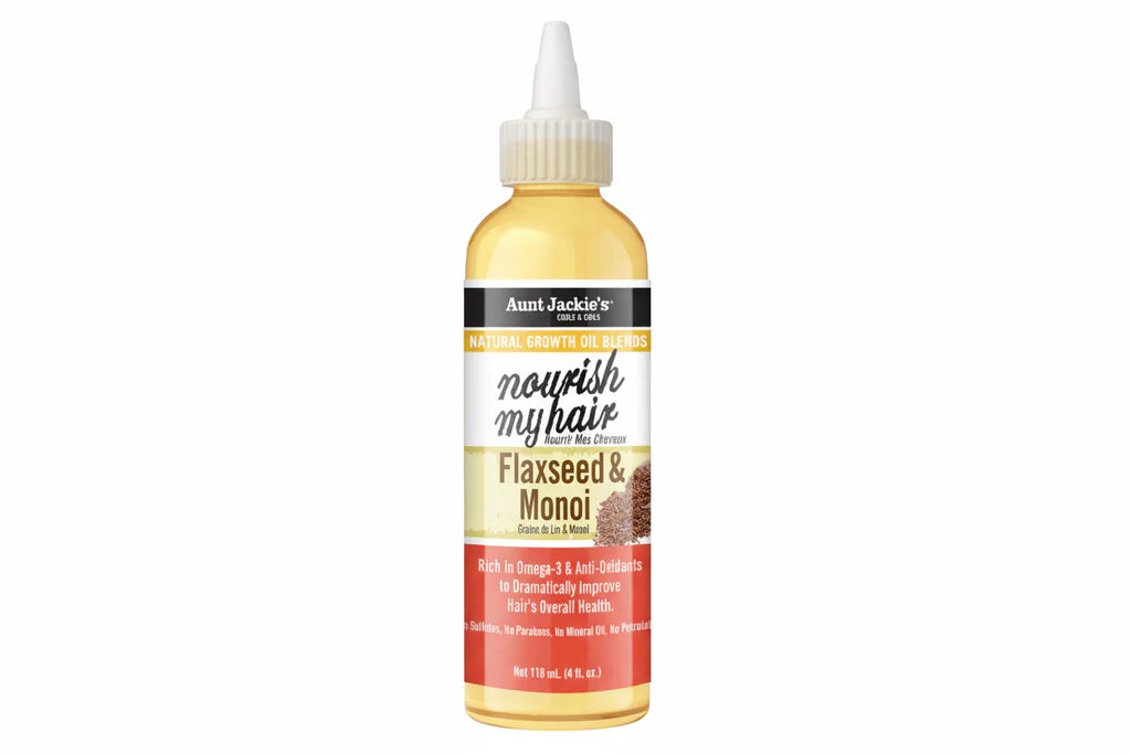 A bottle of Aunt Jackie’s Nourish My Hair Flaxseed and Monoi Growth Oil 4oz standing upright against a plain white background, featuring orange, white, and black packaging with the product name “Nourish My Hair" in large script and "Flaxseed & Monoi” below it.