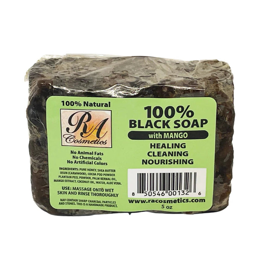RA Cosmetics 100% Black Soap Mango 5oz is a natural African black soap infused with mango, designed to deeply cleanse the skin and scalp while helping remove dirt, oil, and impurities. It helps gently moisturize and nourish the skin, leaving it feeling soft, refreshed, and smooth with a healthy, radiant glow.