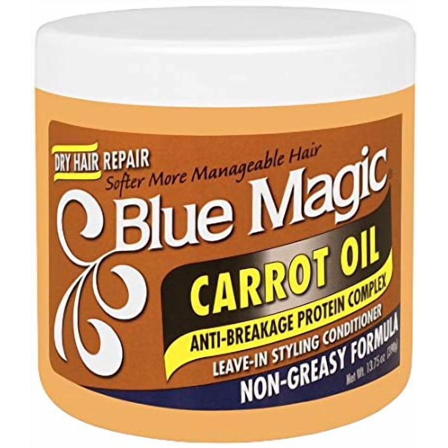 Blue Magic Carrot Leave-In Conditioner 13.75oz in a clear jar and a orange, yellow, and white label.