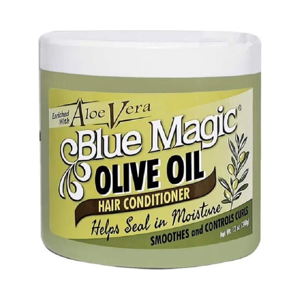 Blue Magic Olive Oil Hair Conditioner in a clear jar with green product and yellow label