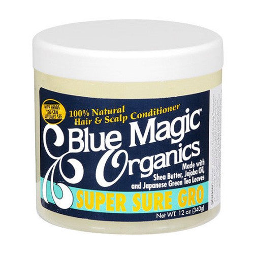 Blue Magic Organics Super Sure Gro Hair and Scalp Conditioner in a clear jar with white product and blue label