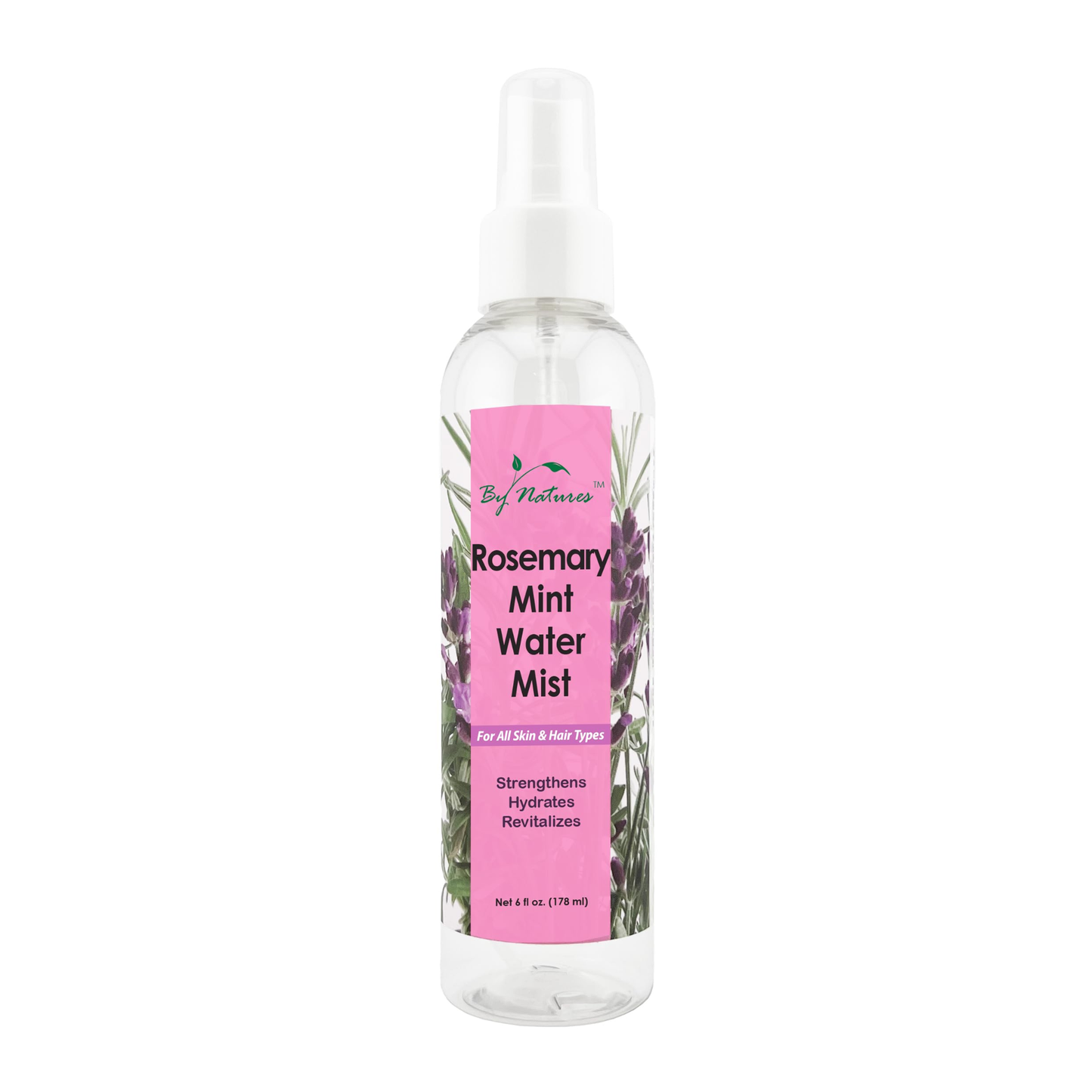 By Natures Rosemary Mint Water Mist in a clear spray bottle with clear liquid, white cap, and rosemary label for hair and skin