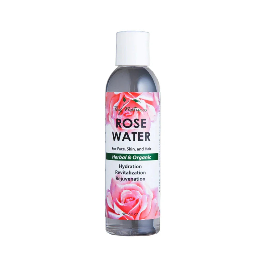 By Natures Rose Water in a clear bottle with clear liquid, white cap, and floral label for face, skin, and hair