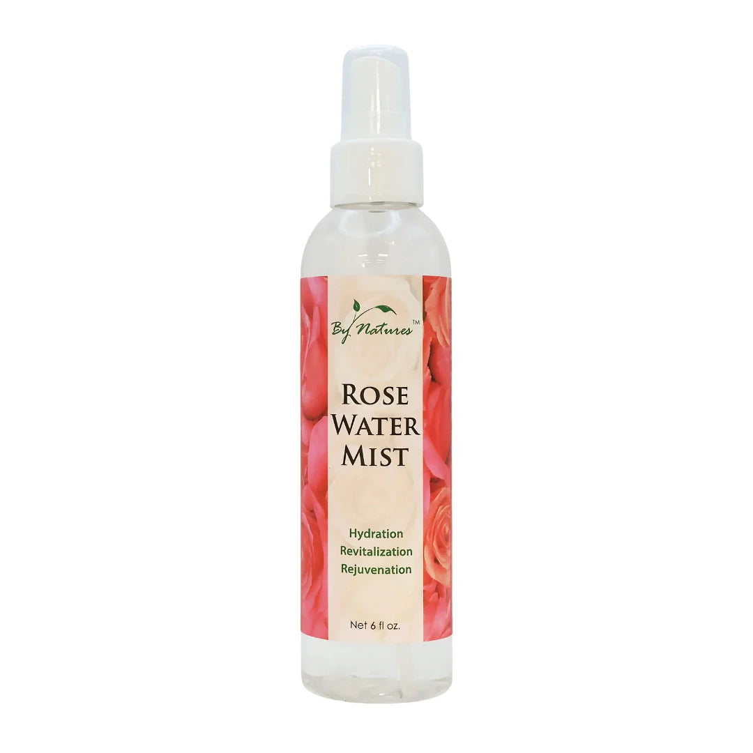 By Natures Rose Water in a clear spray bottle with clear liquid, white cap, and floral label for face, skin, and hair