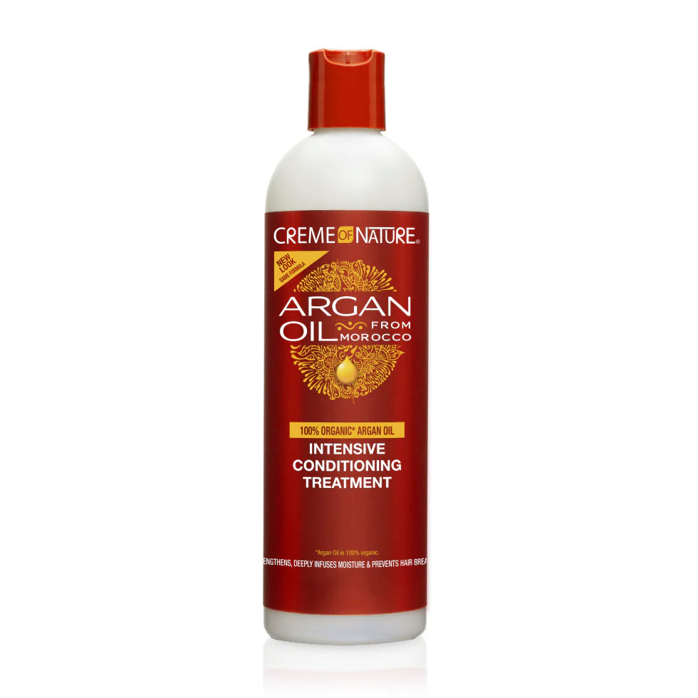 Creme of Nature Argan Oil Intensive Conditioning Treatment in a clear bottle with red cap and red, yellow, and white labels and text