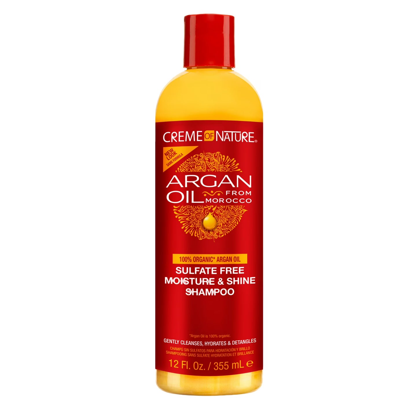 Creme of Nature Argan Oil Sulfate Free Moisture and Shine Shampoo in a clear bottle with yellow product with red cap and red, yellow, and white labels and text