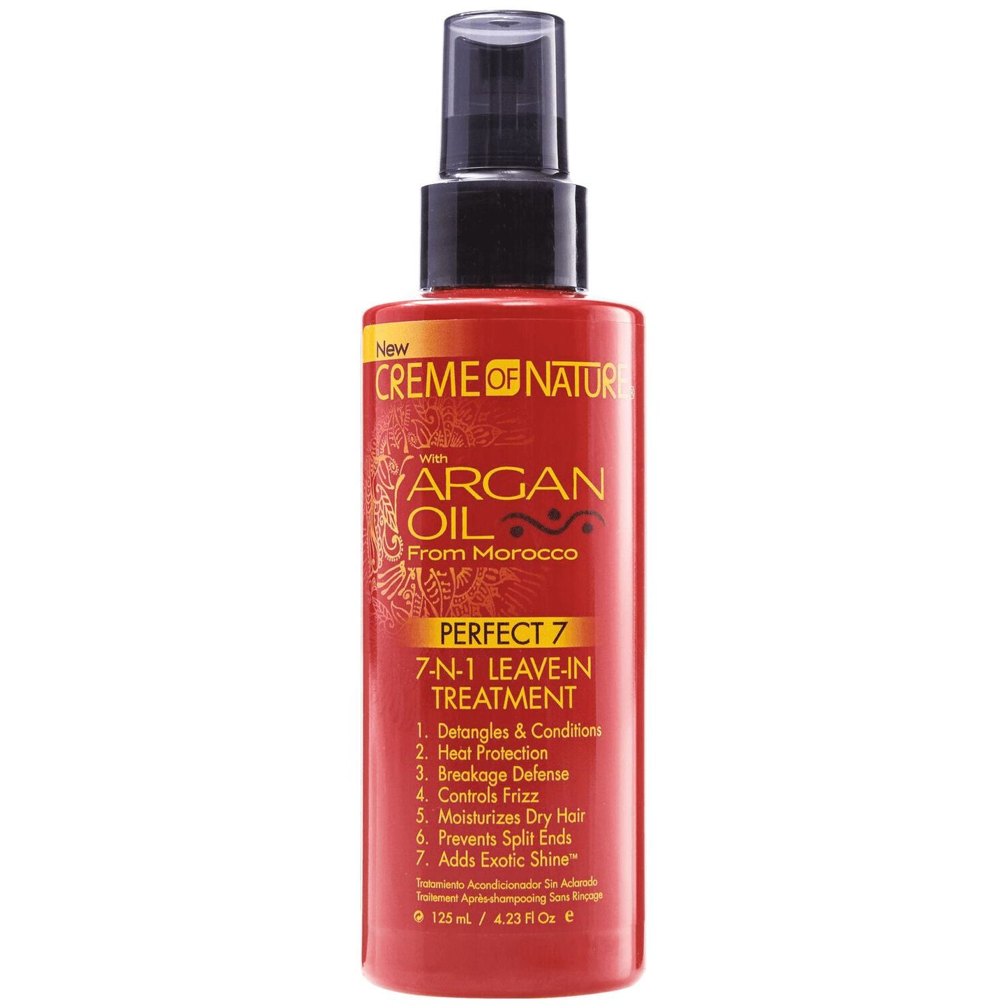 Creme of Nature Argan Oil Perfect 7 7-in-1 leave-in treatment in a red spray bottle with black pump and gold label text