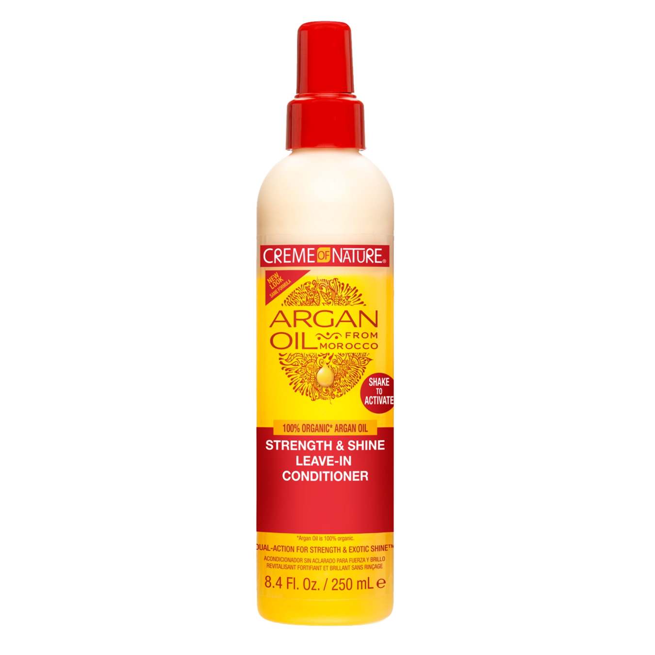 Creme of Nature Argan Oil Strength and Shine Leave-In Conditioner in a clear spray bottle with yellow product with red cap and red, yellow, and white labels and text