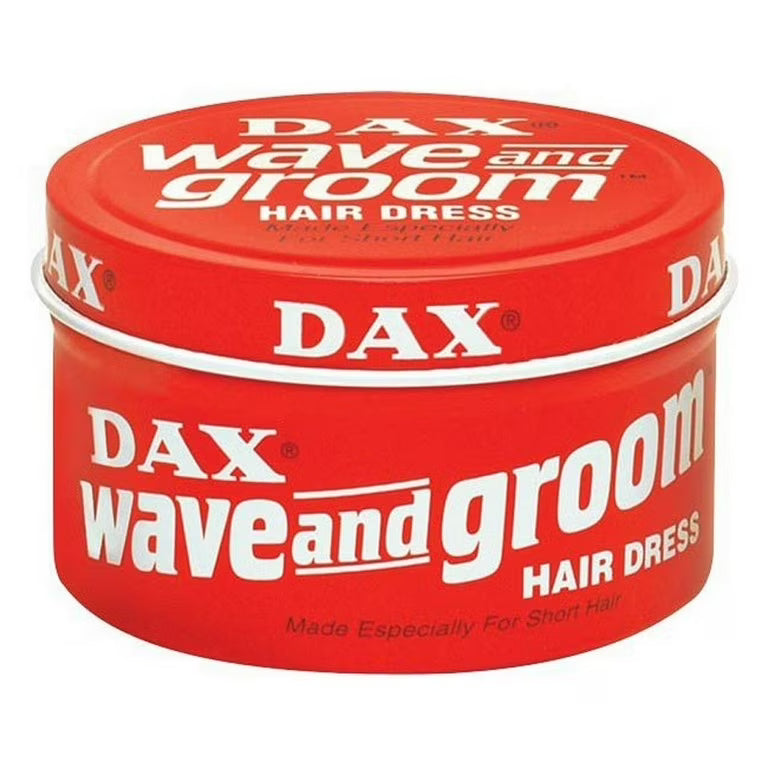 Dax Wave and Groom Hair Wax Maximum Hold Light Shine Hair Dress in a red tin jar with white script