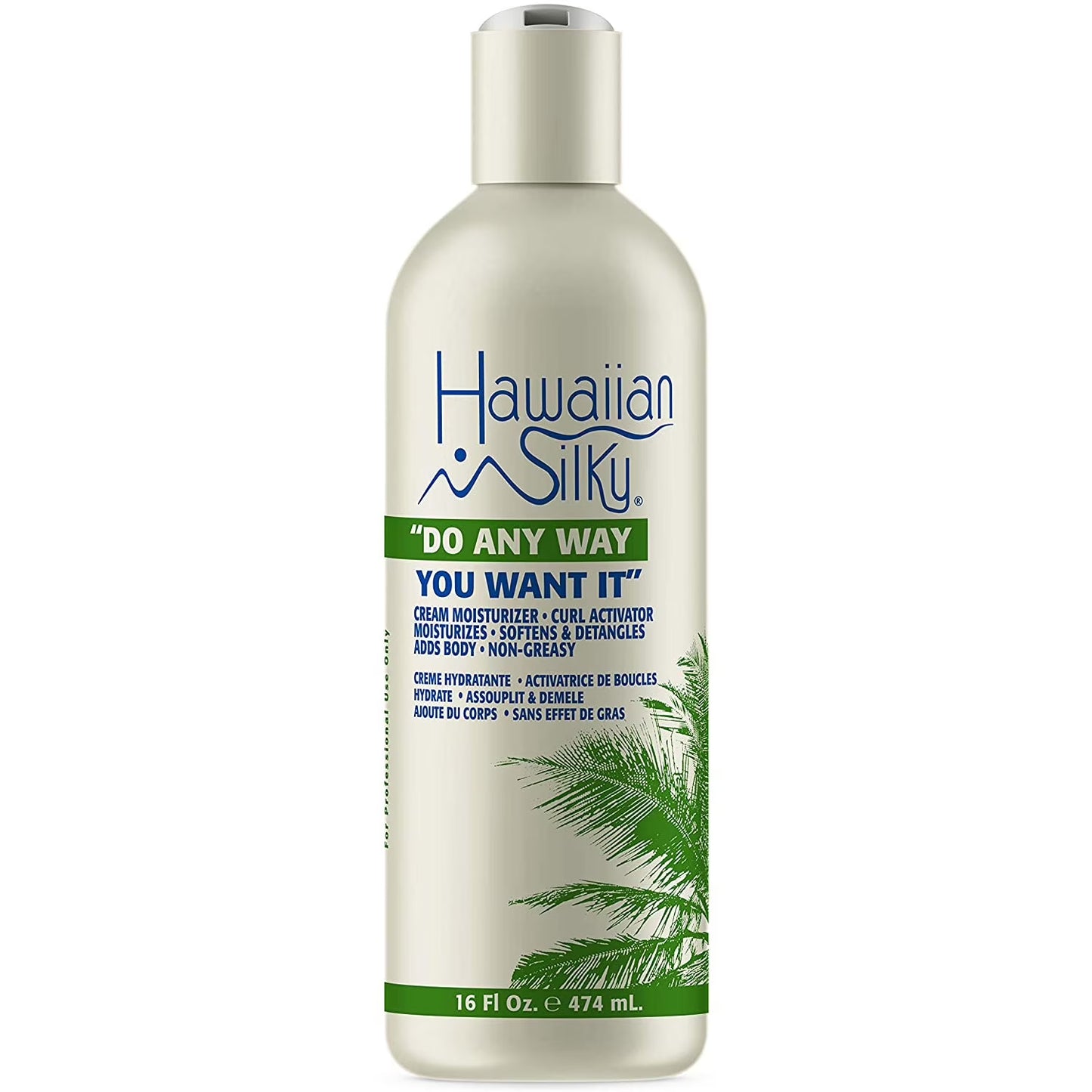 A white bottle of Hawaiian Silky Do Any Way You Want It Cream Moisturizer Curl Activator. For softening & detangling, adds body, and non greasy for your hair.