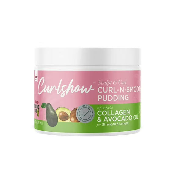 ORS Olive Oil CurlShow Curl-N-Smooth Pudding 12oz styling pudding for curly and textured hair, designed to define curls, smooth frizz, add moisture, and enhance softness for bouncy, well-shaped curls with a natural shine.