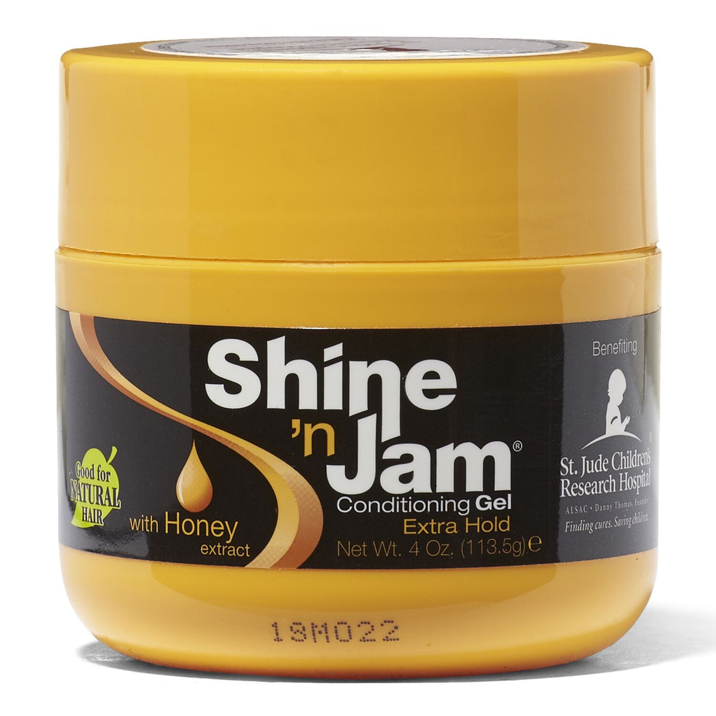 Ampro Shine 'n Jam Conditioning Gel Extra Hold 4oz in a yellow jar with a black label and white lettering.