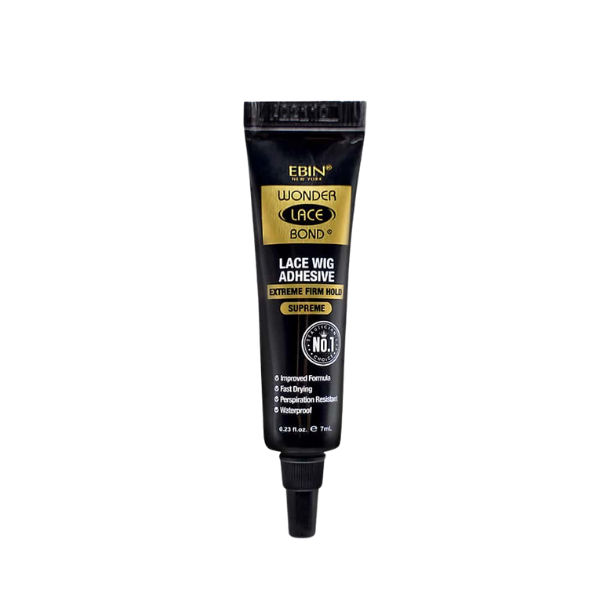 Ebin New York Wonder Lace Bond Tube Extreme Firm Hold Supreme in a black tube and black cap with gold labels and white text