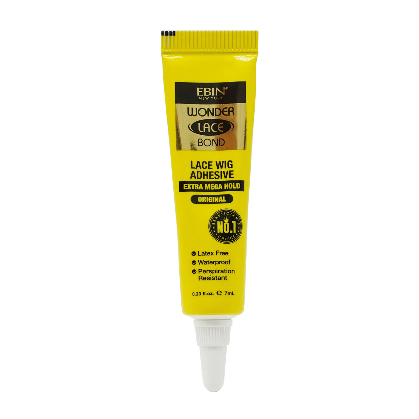 A tube of Ebin New York Wonder Lace Bond Original Tube in a yellow tube and white cap with black and gold packaging with a black script