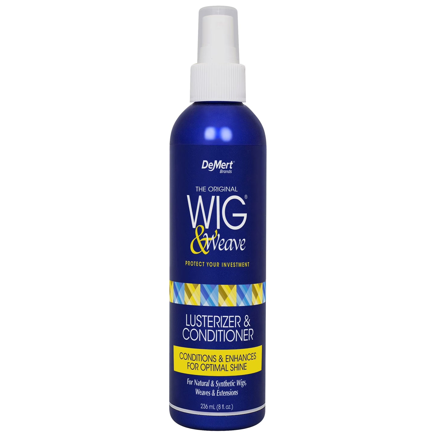 DeMert Wig and Weave Lusterizer and Conditioner in a blue bottle and a blue label featuring yellow and white lettering