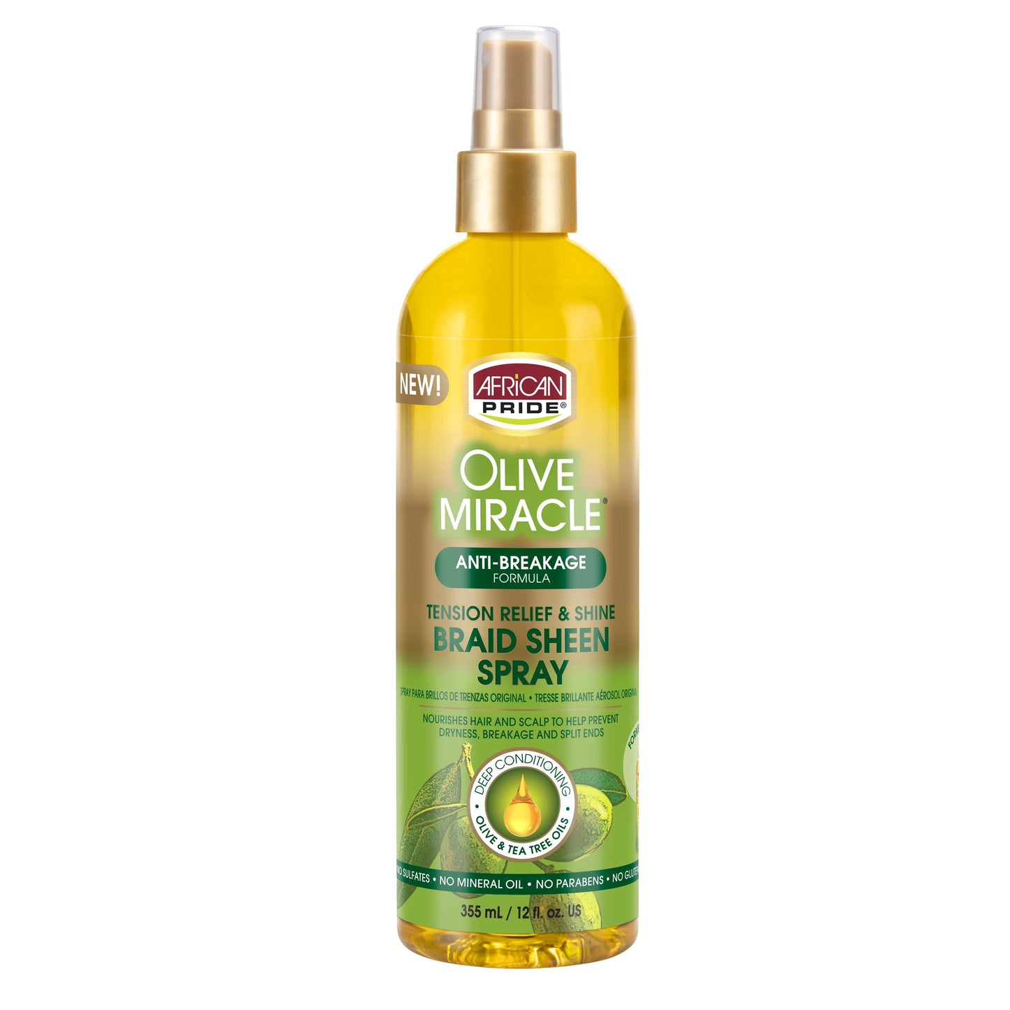 African Pride Olive Miracle Tension Relief and Shine Braid Sheen Spray 12oz in a clear bottle with a green label and bold African Pride Olive Miracle text at the top.