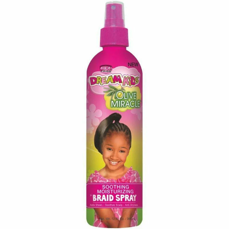 African Pride Dream Kids Braid Spray 12oz in a pink spray bottle and bold Dream Kids text at the top.