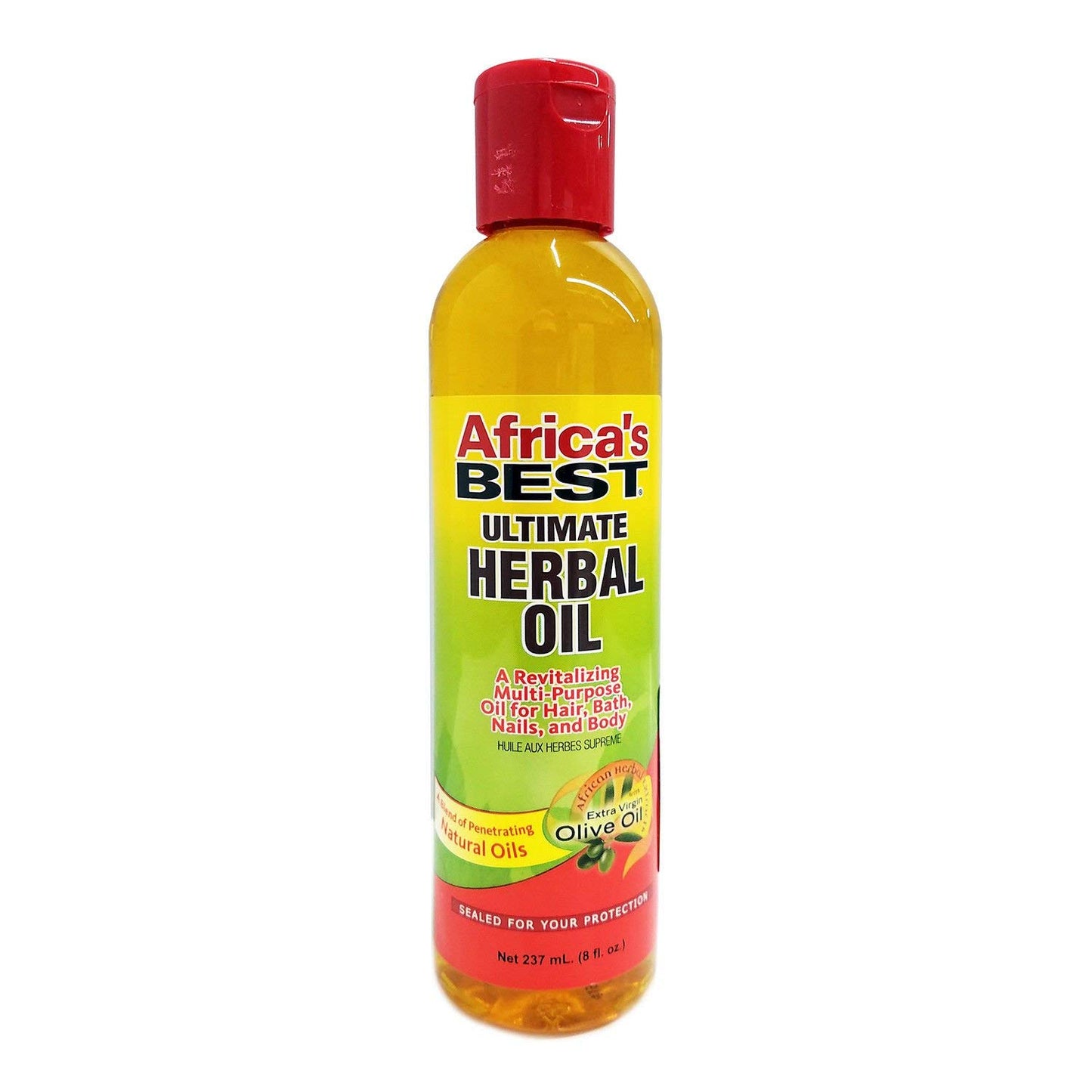 Africa’s Best Ultimate Herbal Oil in a clear bottle with yellow liquid, red cap, and green label for hair, skin, and nails