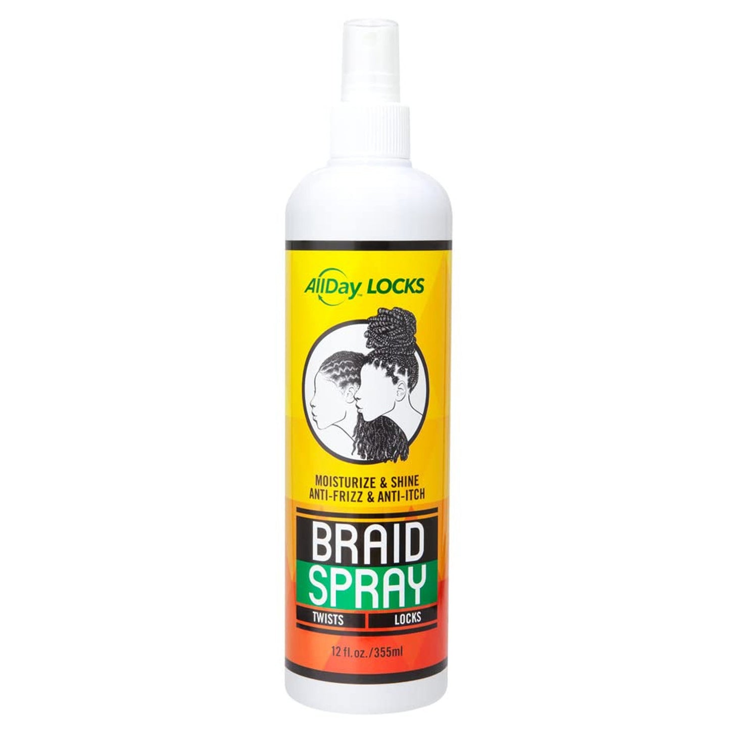 AllDay Locks Braid Spray 12oz in a white spray bottle with yellow, orange and white label.
