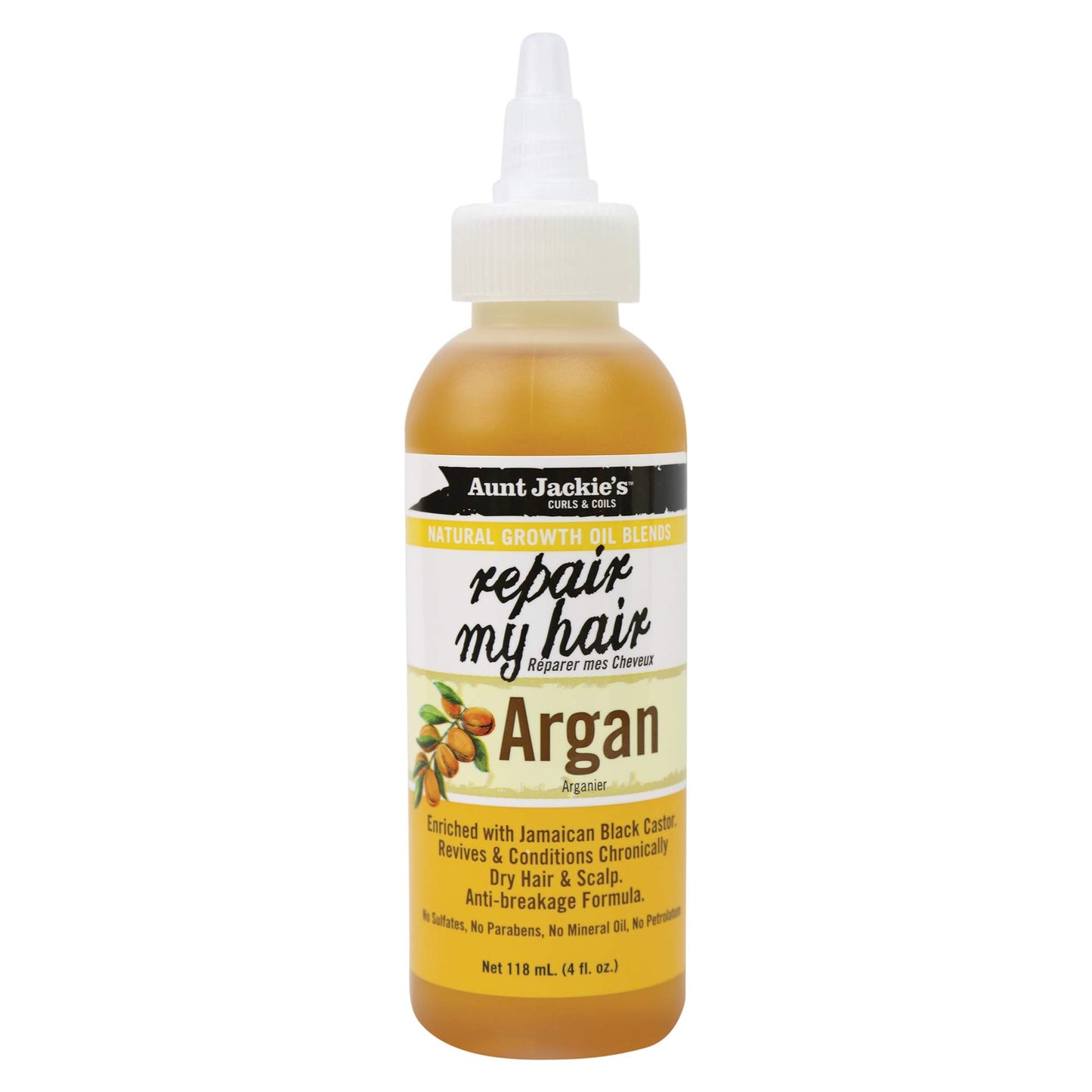 A bottle of Aunt Jackie’s Repair My Hair Argan Growth Oil 4oz standing upright against a plain white background, featuring orange, white, and black packaging with the product name “Repair My Hair" in large script and "Argan” below it.