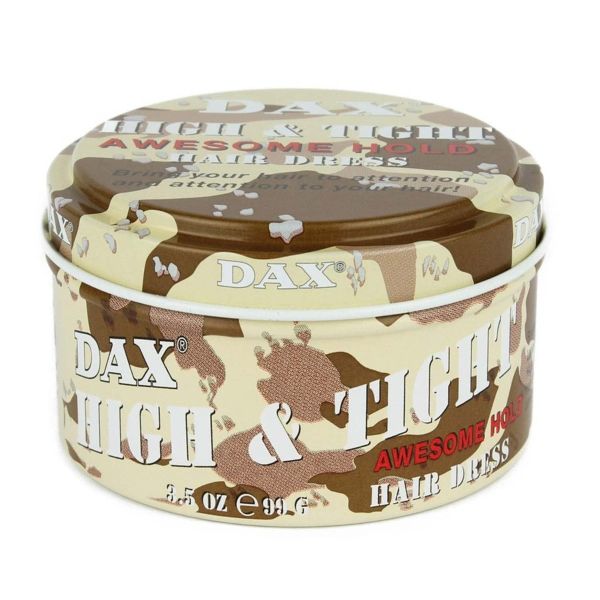 Dax High and Tight Awesome Hold Hair Dress in a tin jar with a camo pattern of cream and brown with white script