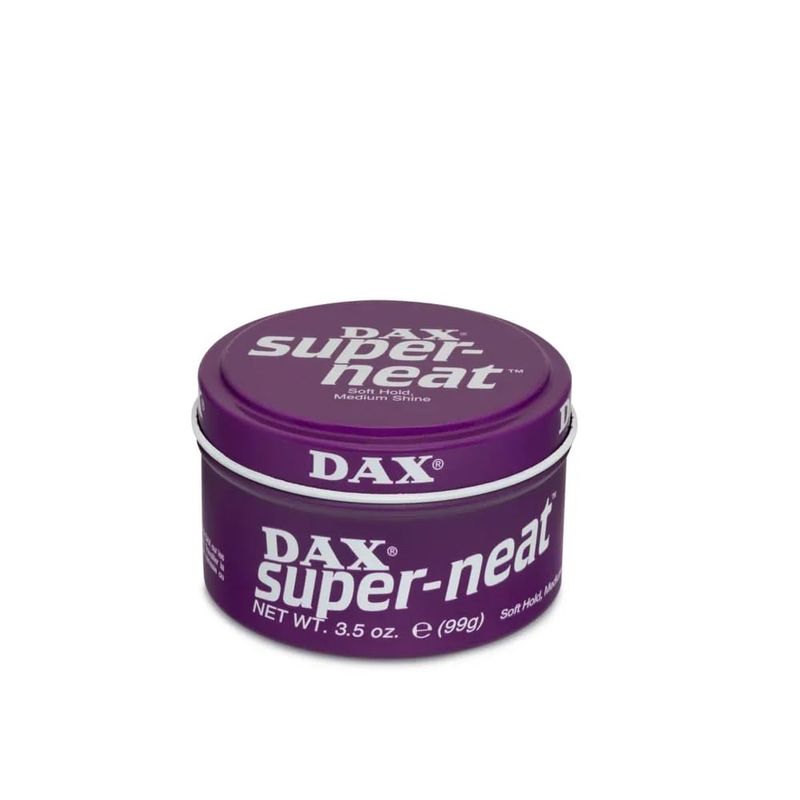 Dax Super Neat Soft Hold and Medium Shine Hair Dress in a purple tin jar with white script