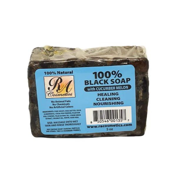 RA Cosmetics 100% Black Soap Cucumber Melon is a natural African black soap infused with lavender, designed to deeply cleanse skin and hair while helping remove dirt, excess oil, and impurities. It helps soothe and refresh the skin, leaving it soft, smooth, and lightly scented with cucumber melon.