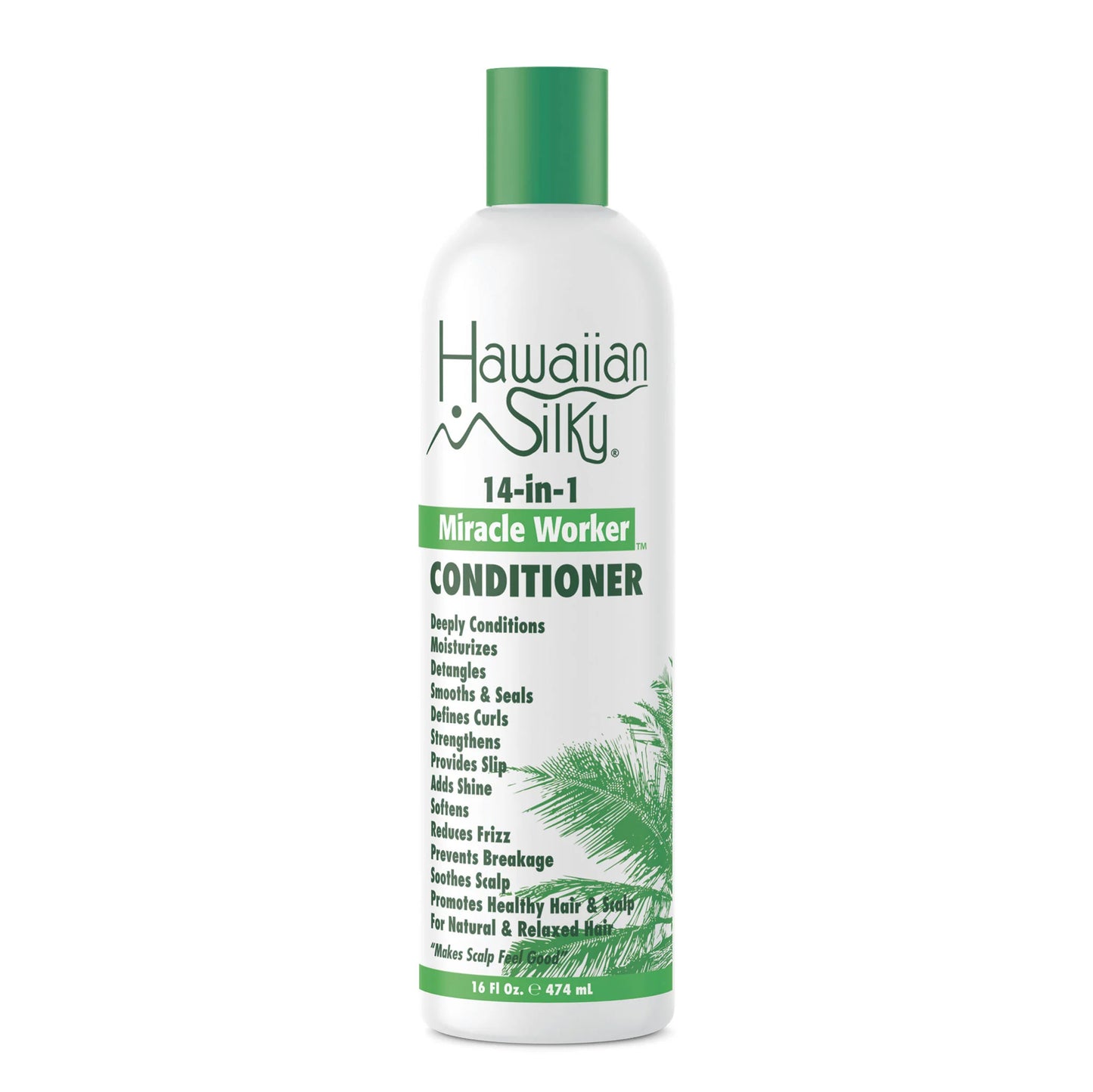 A bottle of Hawaiian Silky 14-in-1 Miracle Worker Conditioner that: deeply conditions, moisturizes, detangles, smooths and seals, defines curls, strengthens, provides slip, adds shine, softens, reduces frizz, prevents breakage, soothes scalp, promotes healthy hair and scalp, for natural and relaxer hair.