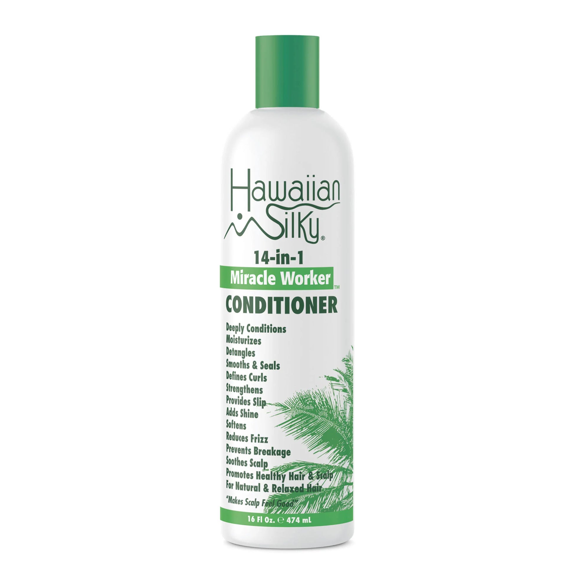A bottle of Hawaiian Silky 14-in-1 Miracle Worker Conditioner that: deeply conditions, moisturizes, detangles, smooths and seals, defines curls, strengthens, provides slip, adds shine, softens, reduces frizz, prevents breakage, soothes scalp, promotes healthy hair and scalp, for natural and relaxer hair.