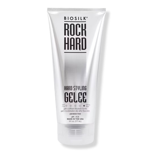 BioSilk Rock Hard Styling Gelee 6oz in a silver squeeze bottle has black script at the top "BioSilk Rock Hard" and below "Hard Stylng Gelee"