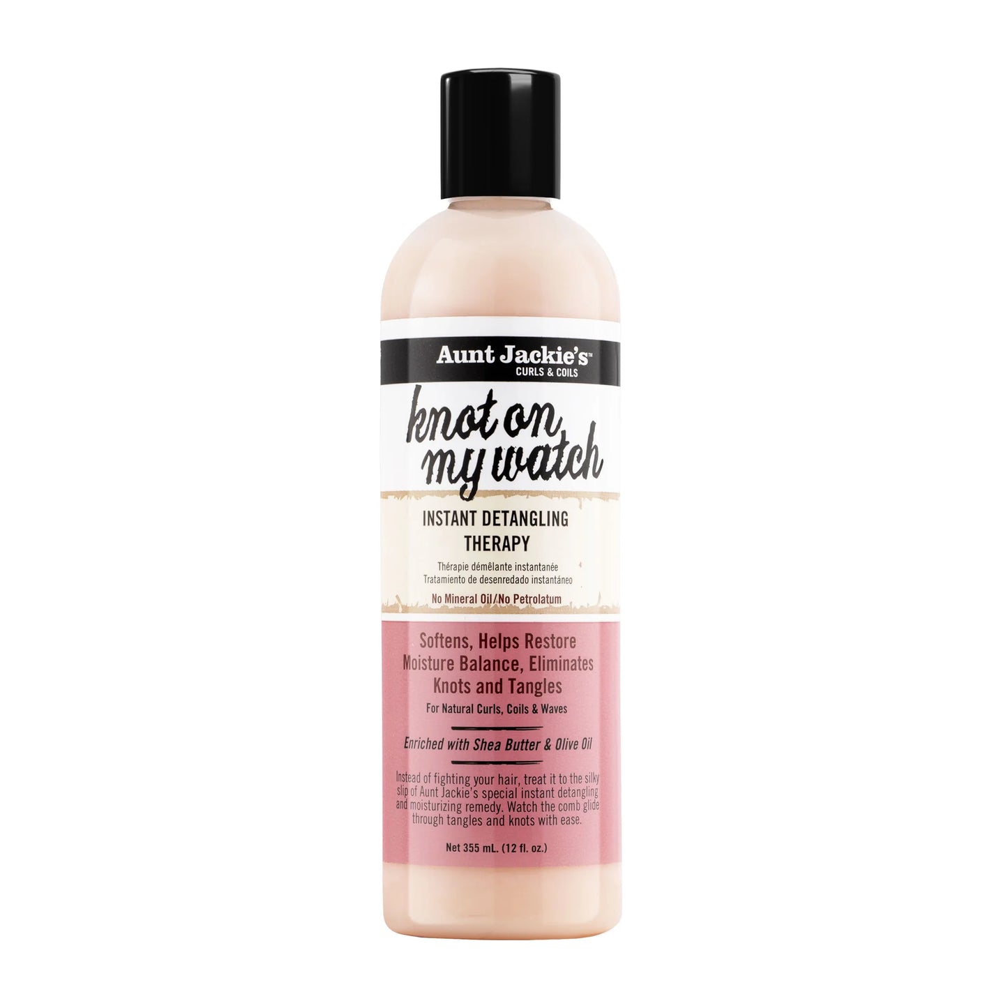 A bottle of Aunt Jackie’s Knot on My Watch Instant Detangling Therapy 12oz standing upright against a plain white background, featuring orange, white, and  black packaging with the product name “Knot on My Watch" in large script and "Instant Detangling Therapy” below it.