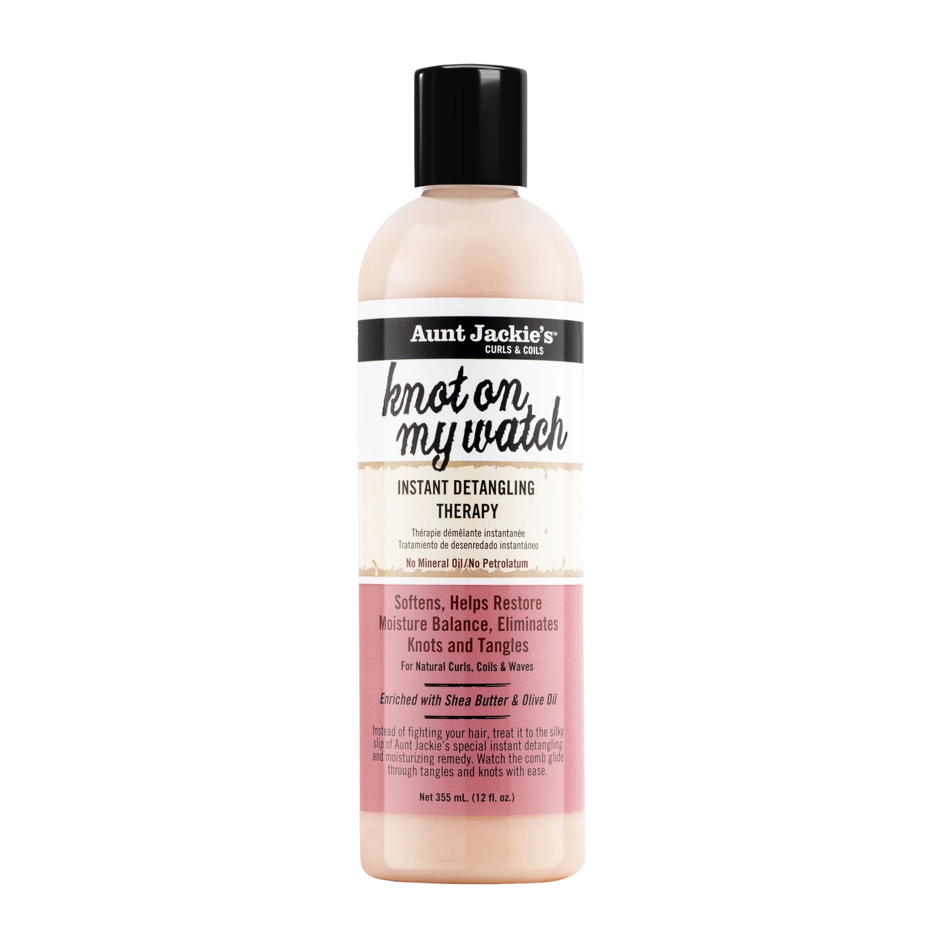A bottle of Aunt Jackie’s Knot on My Watch Instant Detangling Therapy 12oz standing upright against a plain white background, featuring orange, white, and  black packaging with the product name “Knot on My Watch" in large script and "Instant Detangling Therapy” below it.
