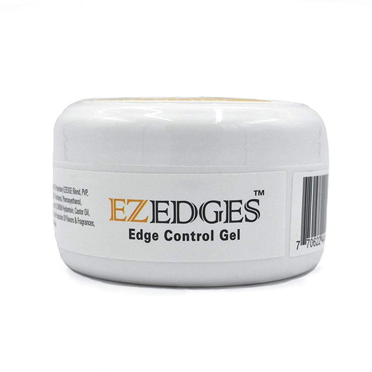 EzEdges Edge Control Gel 5.3oz in a white jar with yellow labels and orange and black font