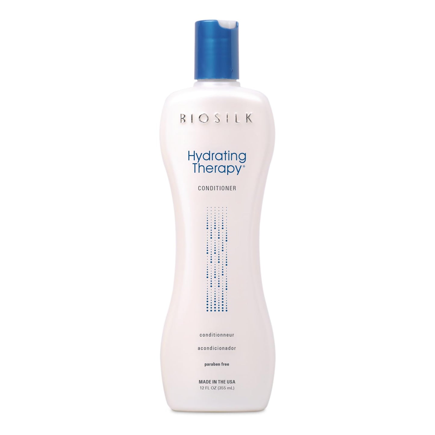 BioSilk Hydrating Therapy Conditioner 12oz in a white bottle with a bule top and has bule script at the top "Hydrating Therapy" and below "conditioner"