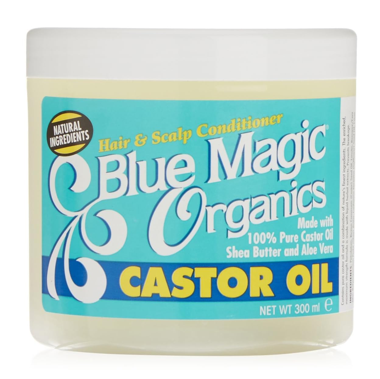 Blue Magic Organics castor oil hair and scalp conditioner in a clear jar with light yellow product and blue label