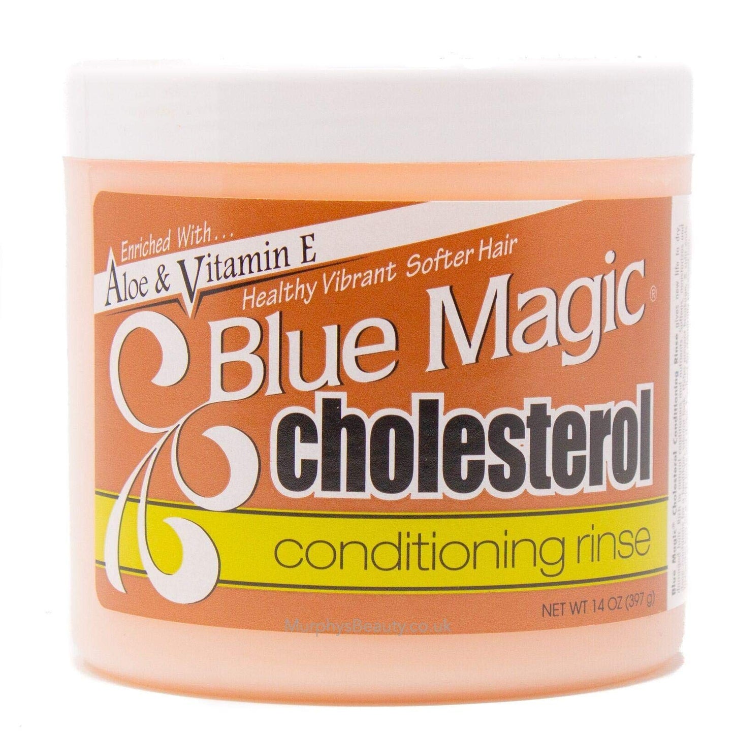 Blue Magic Cholesterol conditioning rinse in a clear jar with light orange product and dark orange label