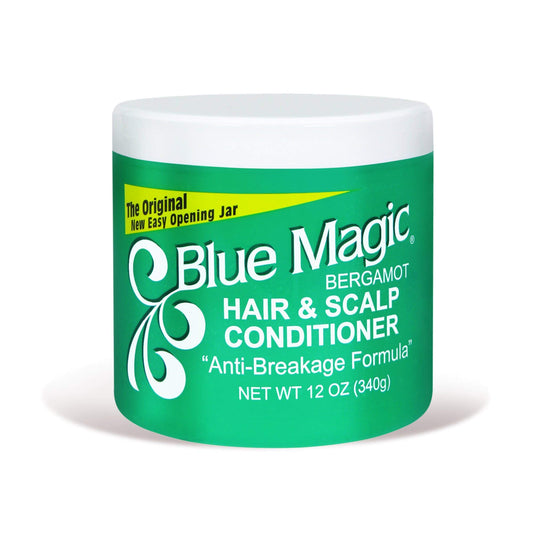 Blue Magic Hair & Scalp Conditioner in a clear jar with green product and white label