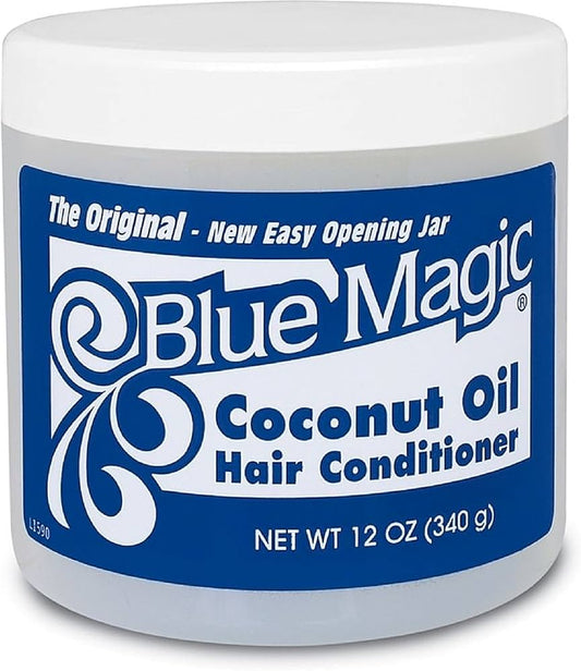 Blue Magic Coconut Oil Hair Conditioner in a clear jar with light white product and blue label