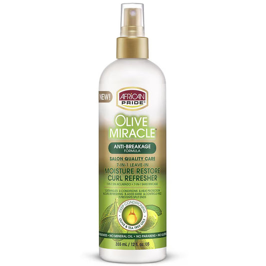 African Pride Olive Miracle 7-In-1 Moisture Restore Curl Refresher 12oz in a green bottle and bold African Pride Olive Miracle text at the top.