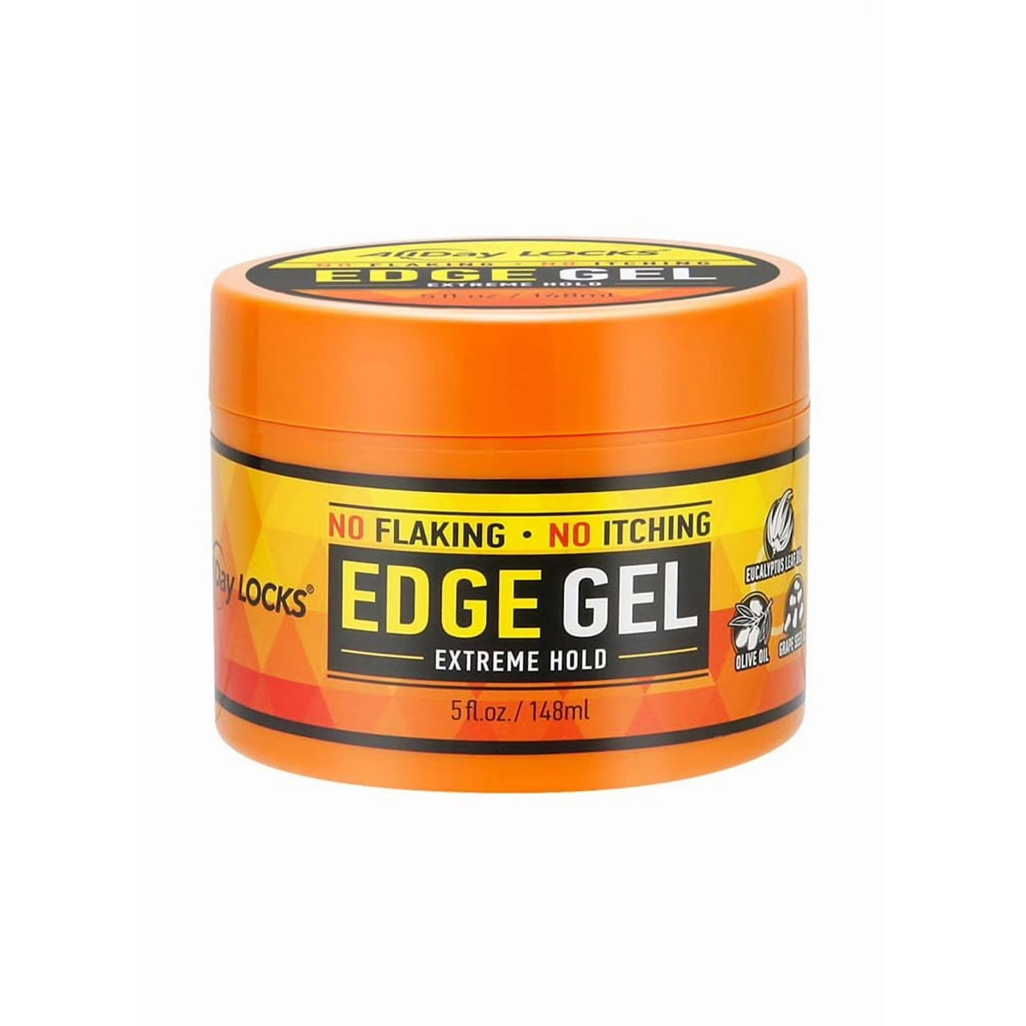 AllDay Locks Edge Gel 5oz in a orange jar with yellow and orange label
