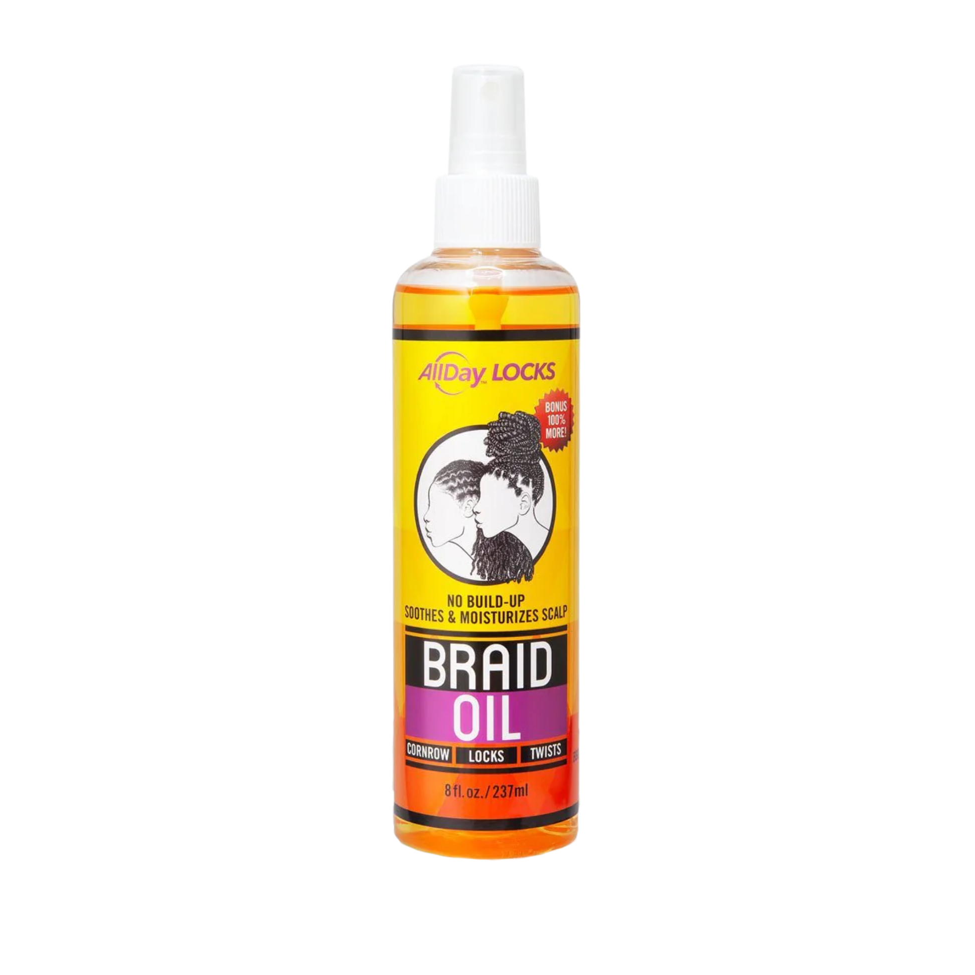 AllDay Locks Braid Oil 8oz in a clear spray bottle with yellow, orange and white label.