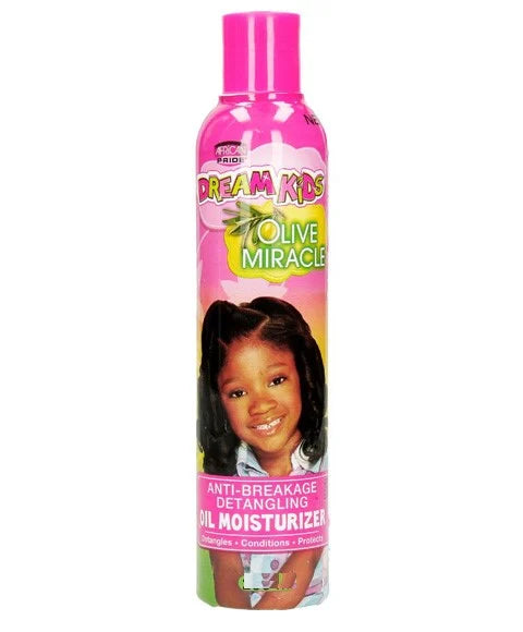 African Pride Anti-Breakage Detangling Oil Moisturizer 8oz in a pink bottle and bold Dream Kids Olive Miracle text at the top.