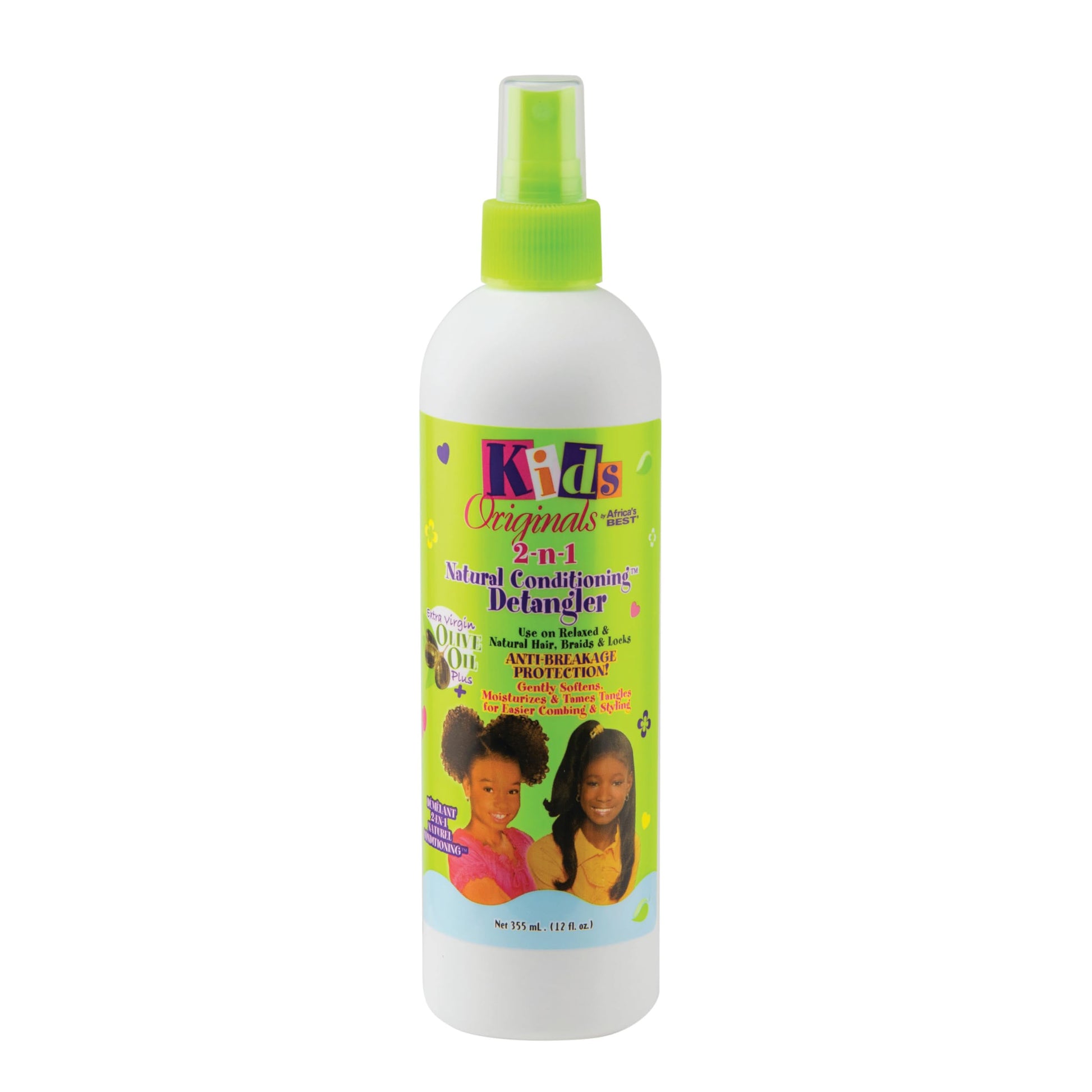 Kids Originals 2-in-1 natural conditioning detangler spray with olive oil in a white bottle with bright green label and pump top